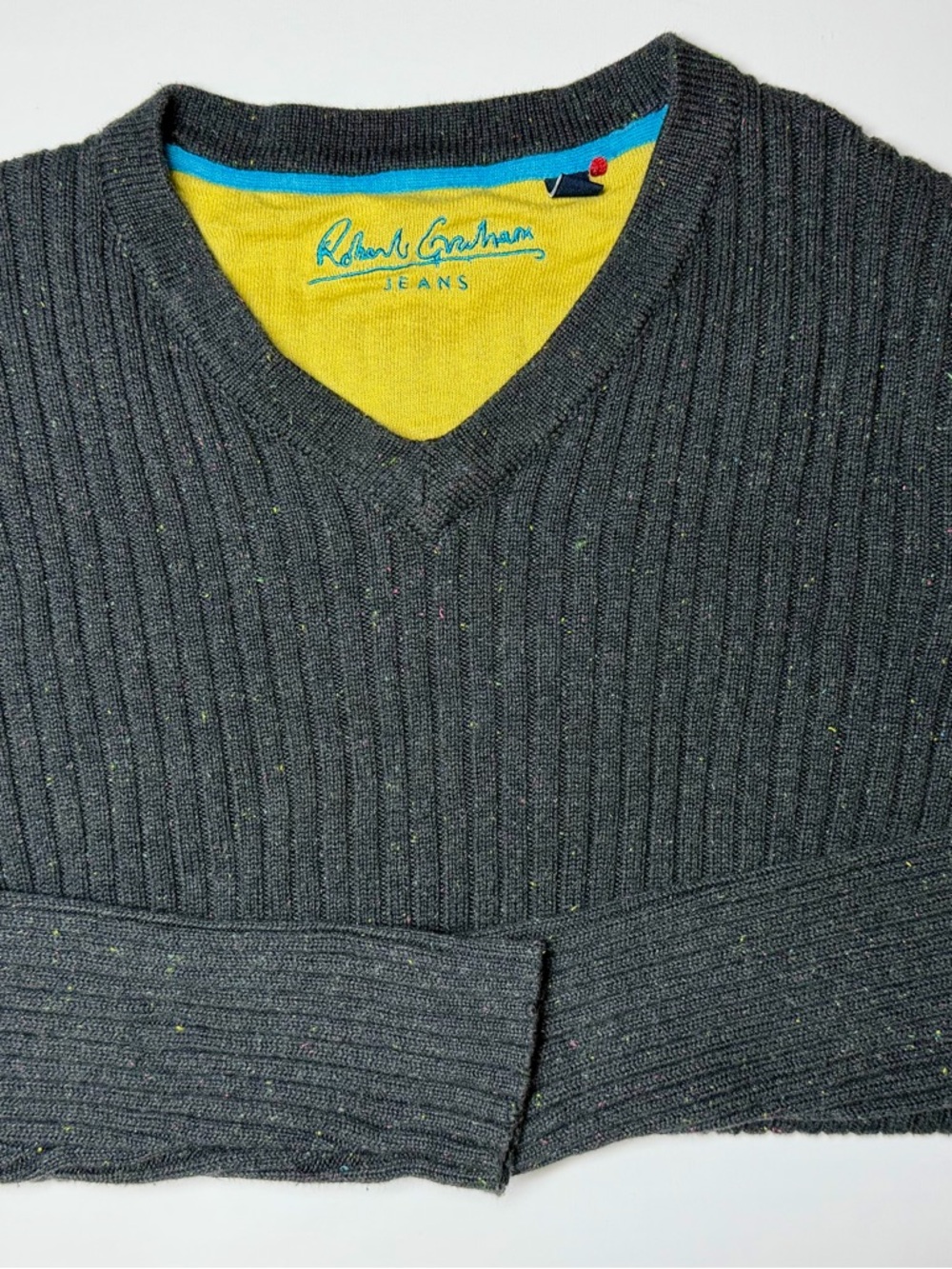 Robert Graham Grey V‑Neck Sweater – Men’s‎ Large – Rib‑Knit Cotton